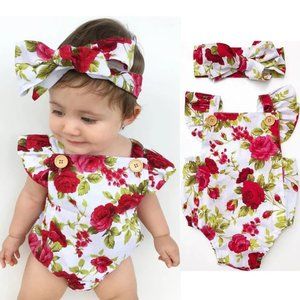 Baby Floral Romper Jumpsuit with Headband Red Outfit
